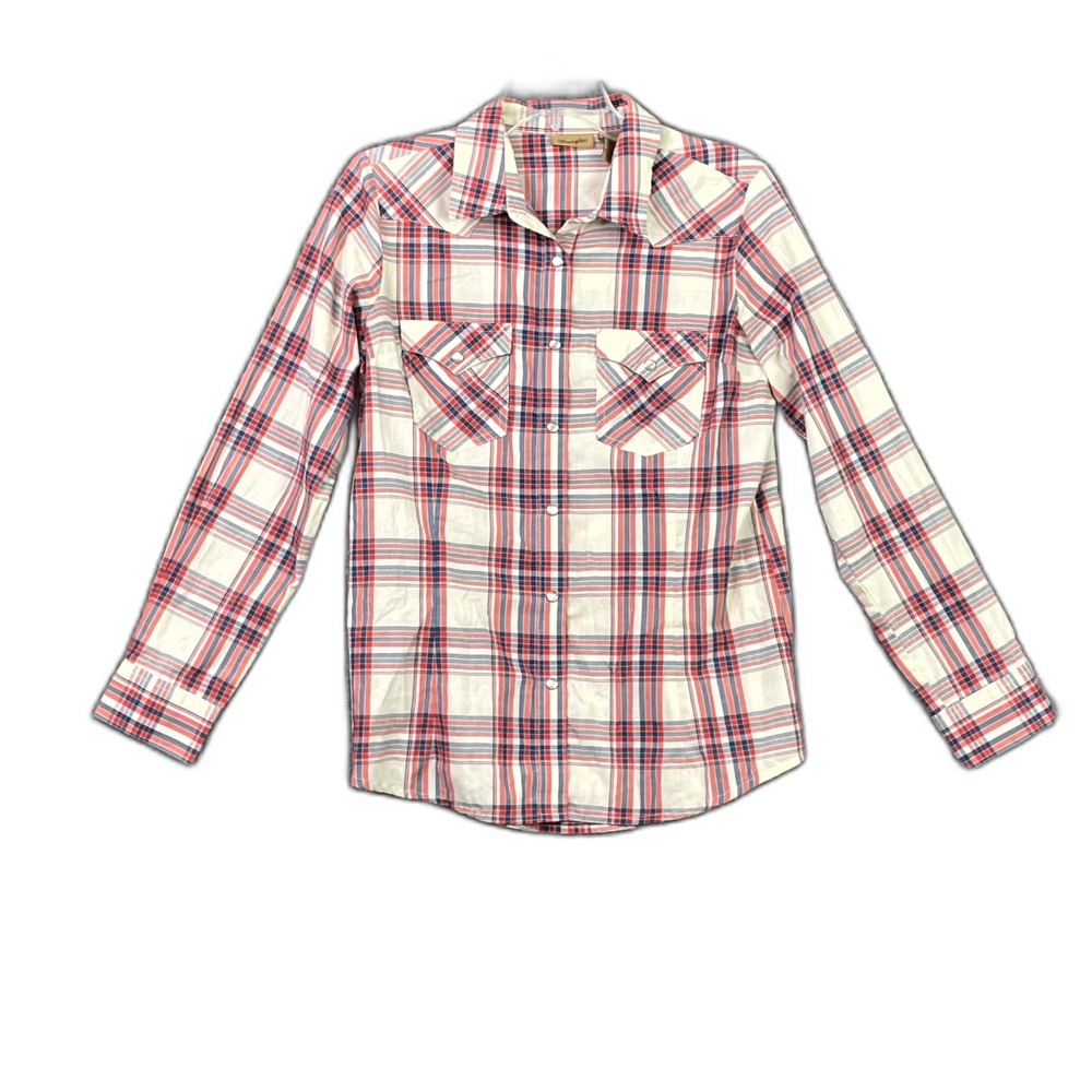 Wrangler Western Shirt Women Medium Plaid Pearl Snap Cowgirl Rodeo Riding Grunge